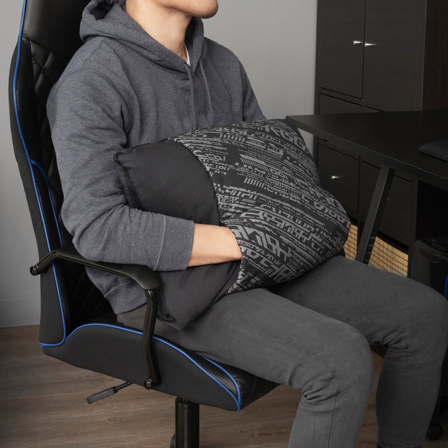 A hand-warming pillow pocket accessory featured in IKEA's new line of gaming furniture, made in collaboration with Republic of Gamers.