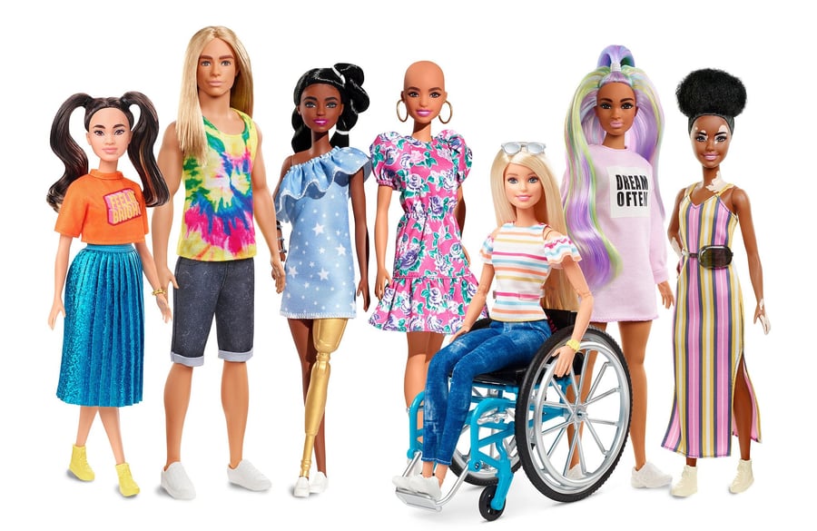 Other examples of inclusivity-oriented Barbie dolls by Mattel. 