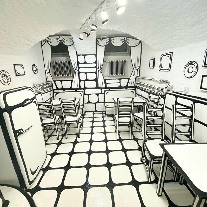 Stunning black-and-white 2D café in Russia. 