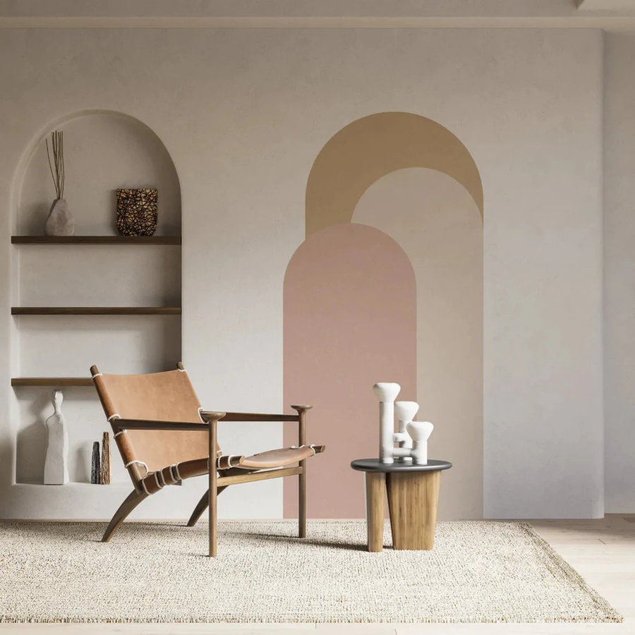 Painted arches in a contemporary living space add depth next to an actual archway built into the wall.