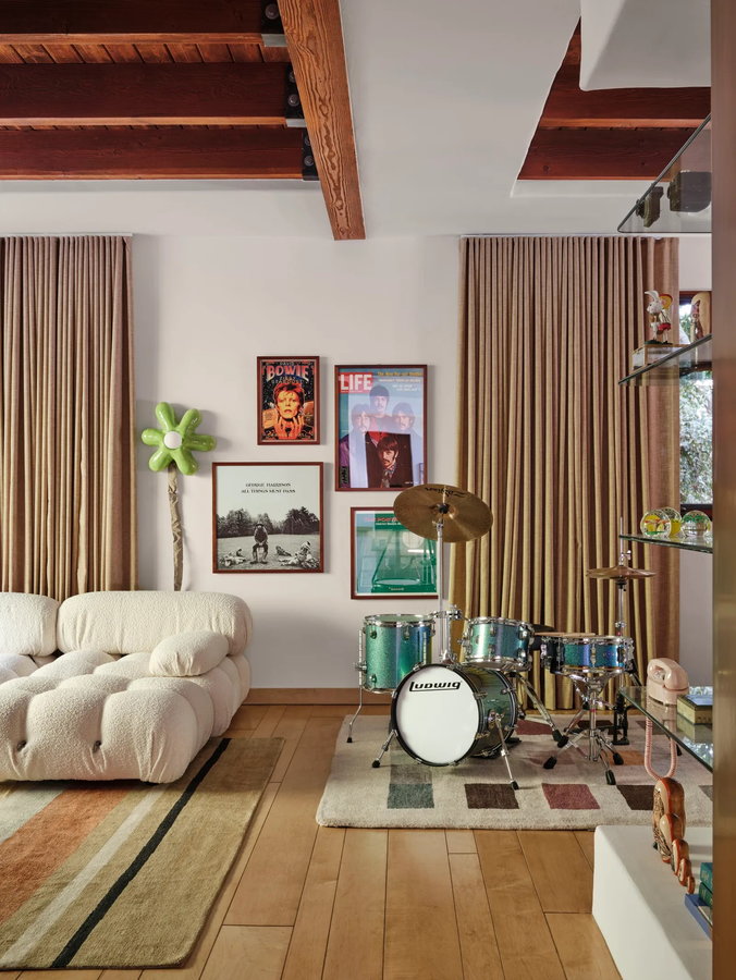 Drumset sits in a common area of Emma Chamberlain's quirky LA home.