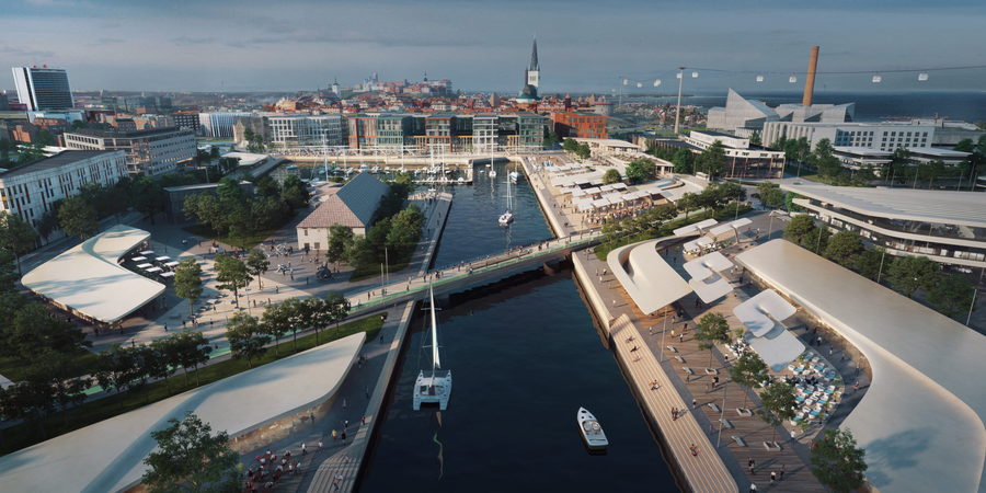 Small boats run through a canal inside the Zaha Hadid Architects-revitalized Tallinn Port.