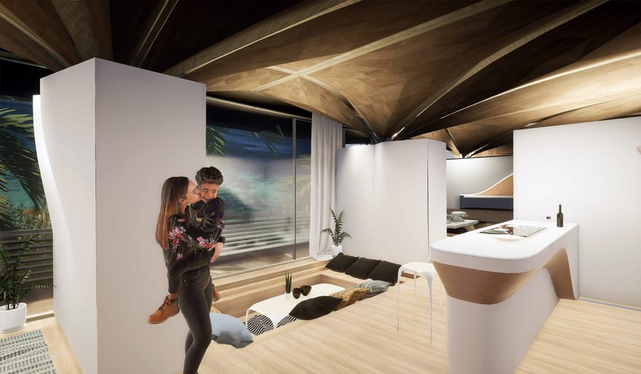View of the luxurious, customizable interiors of a ZHA-designed Roatán Próspera island unit.