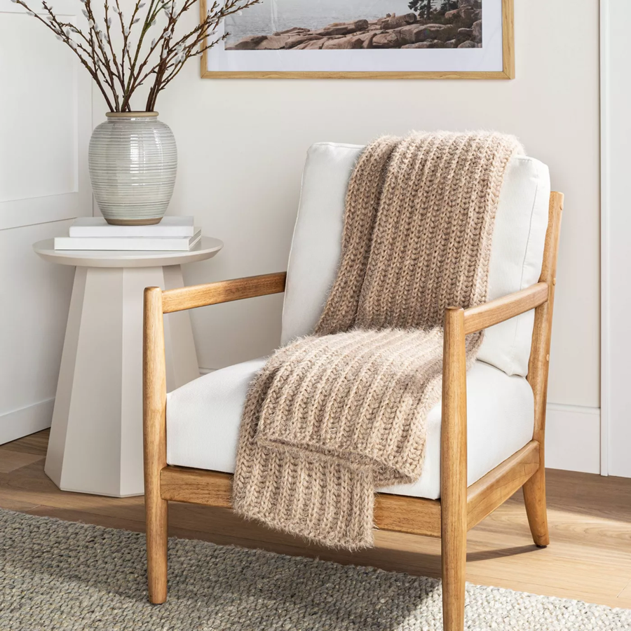 The cozy Eyelash Chunky Knit Throw Blanket featured in Target and Studio McGee's collaborative line of fall decor. 