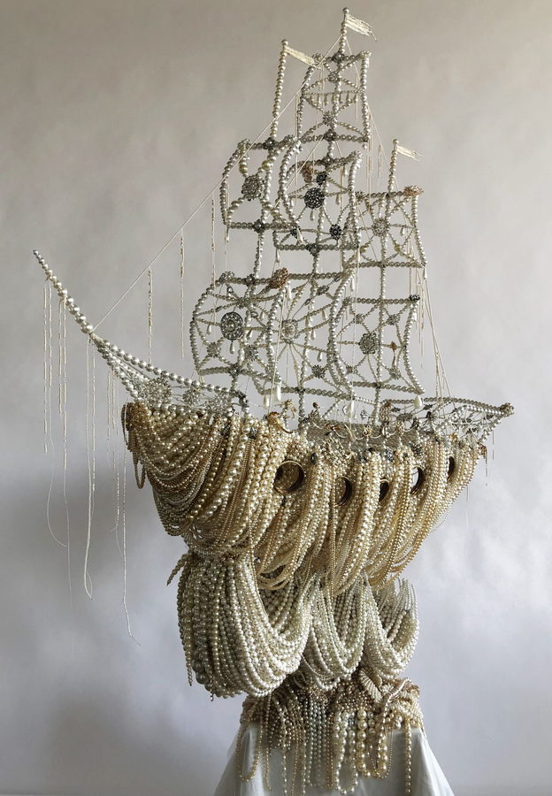 Upcycled pearl ship by artitst Ann Carrington. 
