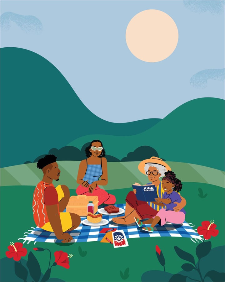 Portrait of a Juneteenth family picnic, painted by Domonique Brown for Bath & Body Works.