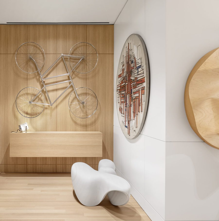 A bicycle sculpture by renowned artist Ai Weiwei also graces the inside of Mindel's apartment.