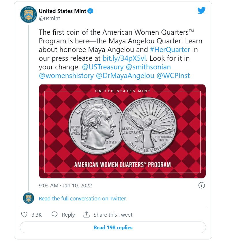 U.S. Mint unveils the official design for the new Maya Angelou quarter on Twitter.