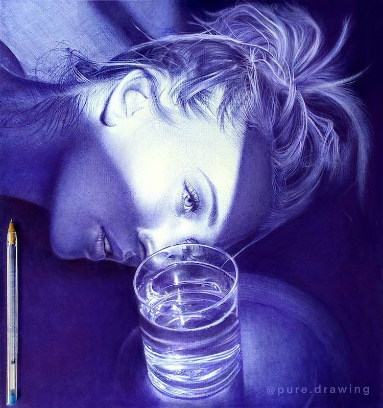 Photorealistic drawing of a woman behind a water glass by Paulus Architect, all done using a ballpoint pen. 