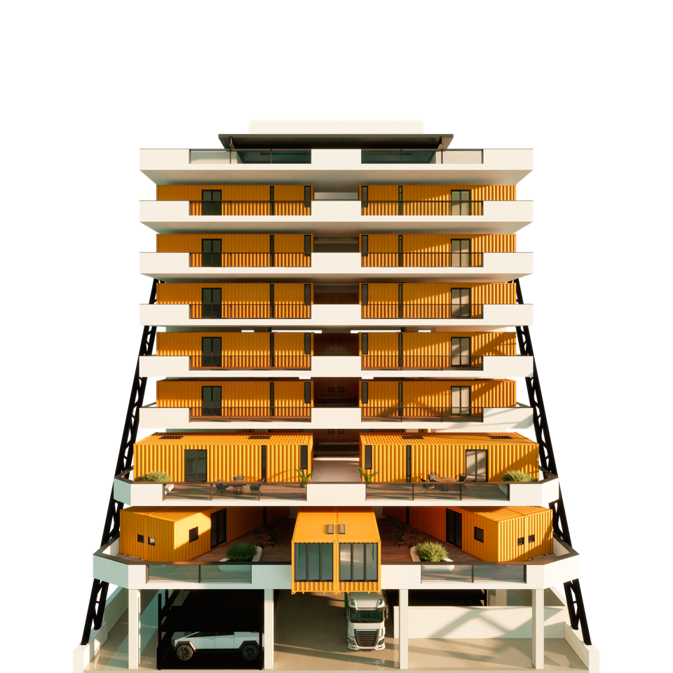 Graphic depicting a fully stacked building of Stackhouse Shipping Container Homes