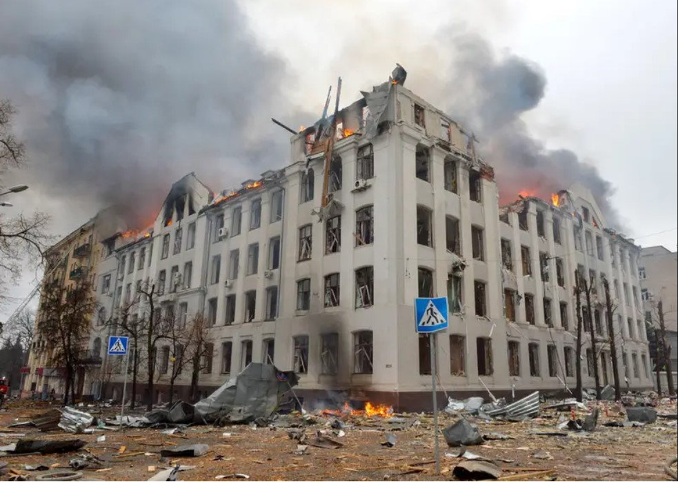 Hospital on fire in the destroyed Ukrainian city of Kharkiv.