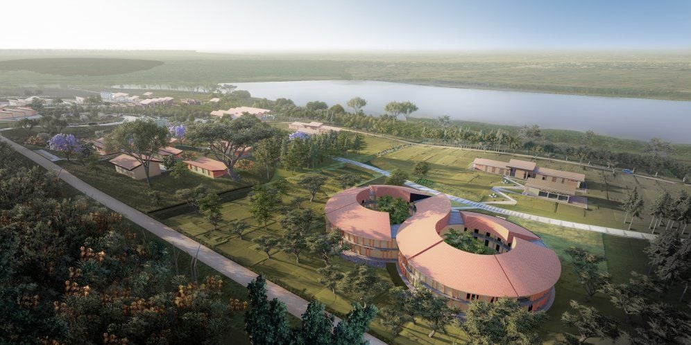 A more zoomed-out view of the upcoming Rwanda Institute for Conservation Agriculture building.