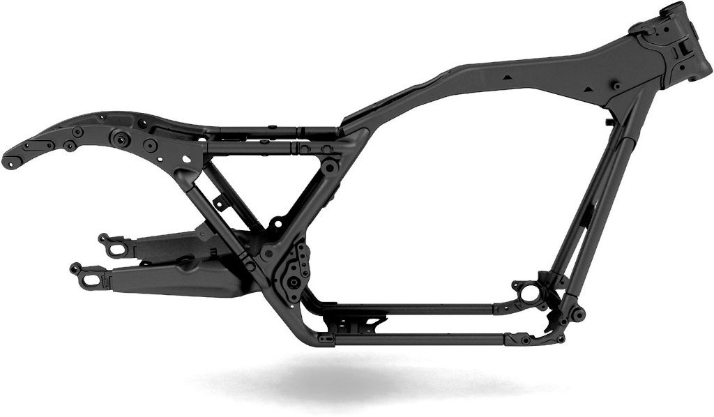Figure 3. The 2009 touring chassis is a single-spar, rigid backbone frame with a 70 pound greater load capacity