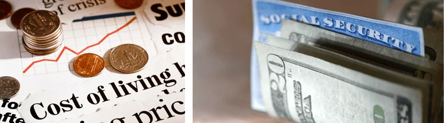 A banner showing a cost of living increase and a Social Security card placed in folded dollar bills