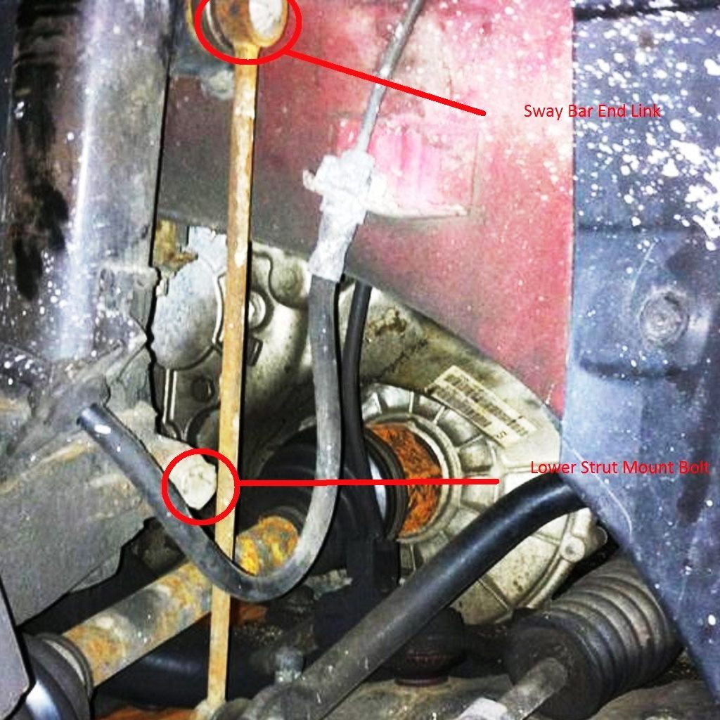 Remove the sway bar end link and front strut lower mounting bolt