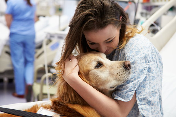 Woman in hospital bed recovering from eating disorder with pet