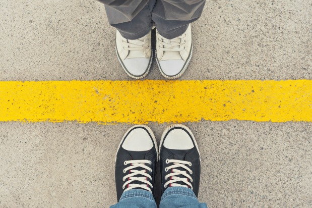 bird's eye view of a line between two people