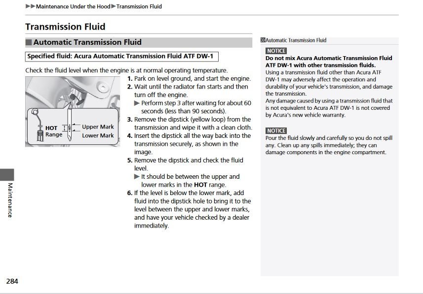 2015 Acura RDX proper Transmission fluid check steps AcuraZine
