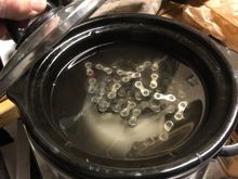 After about 90 minutes the wax is melted enough to swish chain and pull it out. Wax is at melting temperature. 