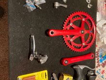 I’m not sure the exact year of this beautiful red, powder coat, Chorus crank but it is 172.9 and I believe 9 speed.  