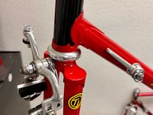 Campy brakes, with Merz titanium center bolts, OMAS dome nuts and titanium recessed nut, alloy pad holders...