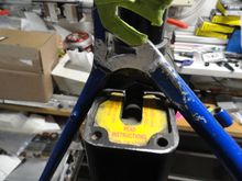 You can see where the break was just in front of the masking tape.  There is a slight amount of the weld left inside the triangle to add just a bit of support to the repair area.