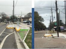 Better design on left has reflectors; the approach is more gradual and is marked.  In low light, design on right risks collision with curb.