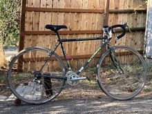 Schwinn’s one off 1992 Cross Point. It wasn’t actually designed to be a cyclocross bike but in fact makes a pretty ok CX bike. 1st gen Dura Ace barcons work well with the set up. Not in the photo, but the bike is currently wearing CX tubulars on some minty old Dura Ace hubs. Short stem makes the longer reach a little more nimble on the CX twisty bits.