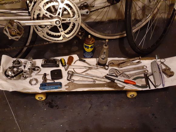 Thought I'd share the major tools  I use. What would you folks class as absolutely essential?
As for the Lotus went a different way using a mountain-L X Derailleur with a  shimano  HG 8 cog rear, Shimano 600 shifters and Suntour X-1 front. Was given advice on  lowering the stem?
Rides well , would appreciate input 