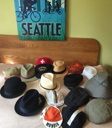 Only one Stetson, next to bowler.  Couple of straw hats.  Only a few cycling ‘hats’.  DEC was a great customer over 2 decades. ‘Mid-watch at sea on the bridge’ ballhat.
