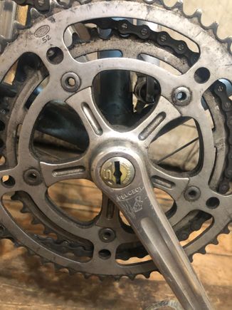 52/42 Stronglight chainrings with a Peugeot labeled crankset.