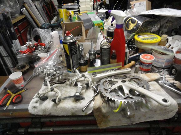 The bench before today.  That crank went on a bike that went to WGB and got held in captivity for almost a year during the lock-down at the border.