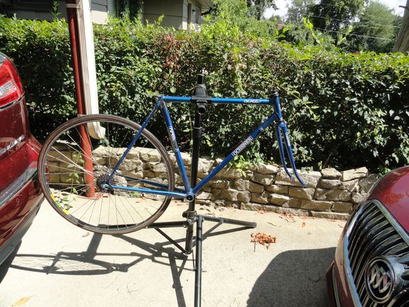The beginnings... frame fork and HS, with rear wheel attached 
