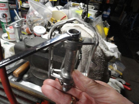 Back to my junkyard pedal wrench for the last bit.  I hold the spindle in place in the wrench and  set the locknut.   The wrench in the vise helps me get things tight with little effort.