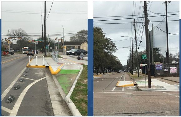 Better design on left has reflectors; the approach is more gradual and is marked.  In low light, design on right risks collision with curb.