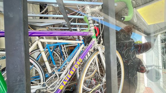 The shop was closed but I did some window shopping. What is up with all the stem risers?! Could the fork steerer really be that long?