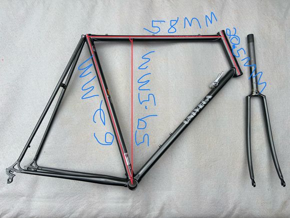 Seat tube top to middle of BB is 62 mm. 90 degrees down from middle of top tube to middle of BB is 59.5 mm. Middle of seat tube to middle of head tube is 58 mm. Head tube height is 20.5 mm