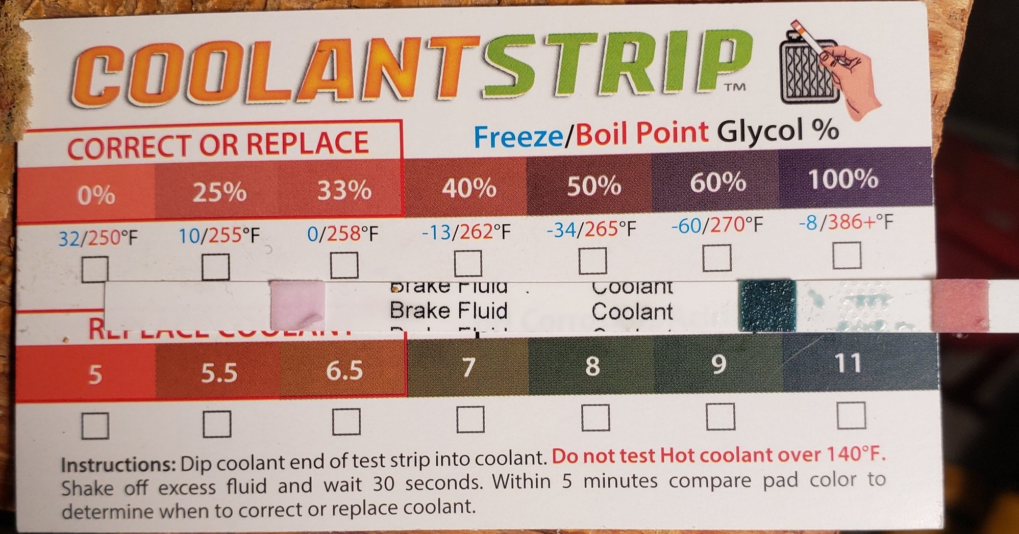 pH test of the coolant about 9, well above threshold for replacement of 7.