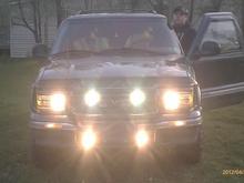 I HATE that the low beam headlights go off when you switch to high beams, thats not going to last too long, I will change that little GM mistake. 
Here are the high beams and both sets of driving lights, in this configuration and the way they're all aimed, I have a half mile of lighted roadway for highway, and a 120 degree cone of light pattern in every forward direction for off roading, tested a few times now and this works GREAT.