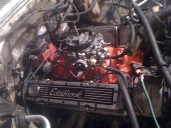 SBC 383 Stroker 4 bolt Main 2-pc Rear main Seal
Edelbrock E-Street heads 190CC
Thumper Cam
Edelbrock Performer Intake Manifold
Edelbrock Elite Valve Cover's
4 Barrel Quadrajet carburetor 650 CFM
Flow-tech Ceramic Long-Tube Headers 1 3/4
10:4:1 Compression
500 Horsepower
550 Foot Pounds Of torque