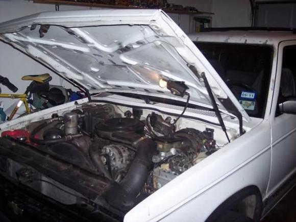 Reel out underhood light and hood strut.
