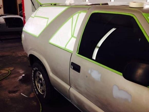 Sanded fixed door dings cleaned, taping it up for final clean and paint