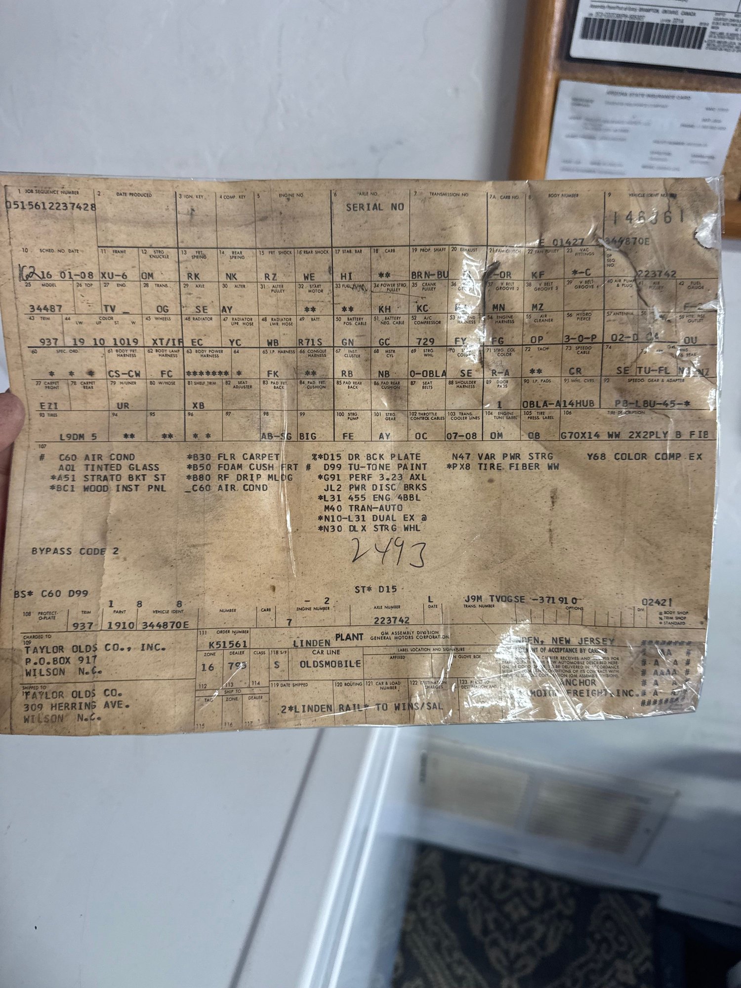 build sheet found back seat top