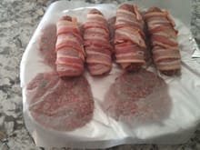 Extra lean ground beef wrapped with 2 strips thick sliced bacon.