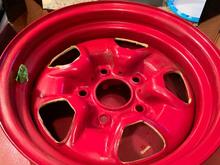 sprayed the rim with a Flame Red paint can, satin gloss. I know, should have been satin black but, really like the look