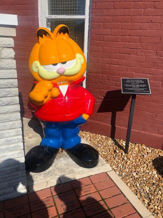 Jim Davis (author of the Garfield comic strip) was born in nearby Muncie Indiana. 

Garfield the cat dressed in James Dean style outside one of the James Dean museum 