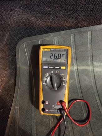 Leads connected to ammeter pins, cluster connector disconnected, car battery connected.