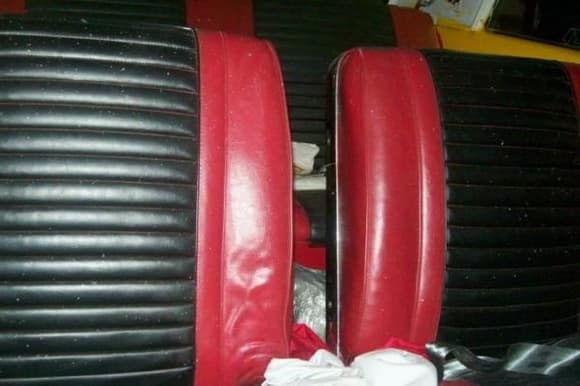 Madera red seats painted with Eastwoods vinyl paints, more for appearance than function, because the vinyl was extremely brittle.  When I changed to Yellow and White two tone, the painted vinyl looks odd.  The interior will be white when the upholstery is done!