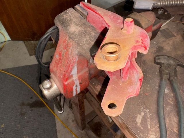 New bushings will fit tightly in the hinges.  I’ll press them in with the vice.  I am looking for the tightest fit possible with the new hinge pins