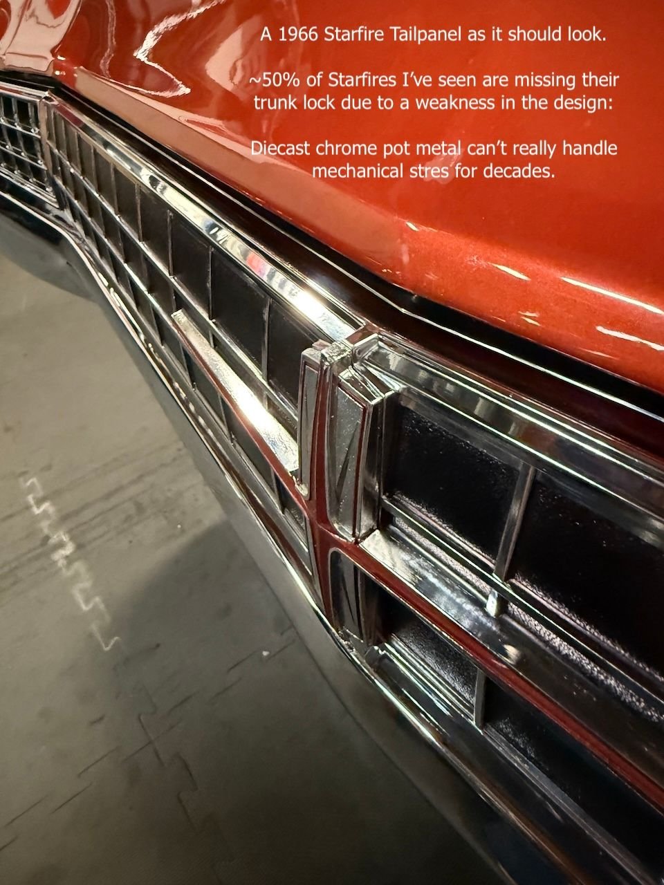 What a 1966 Olds Starfire trunk lock cover should look like closed. I�ve shined this one within an inch of its inanimate life�
